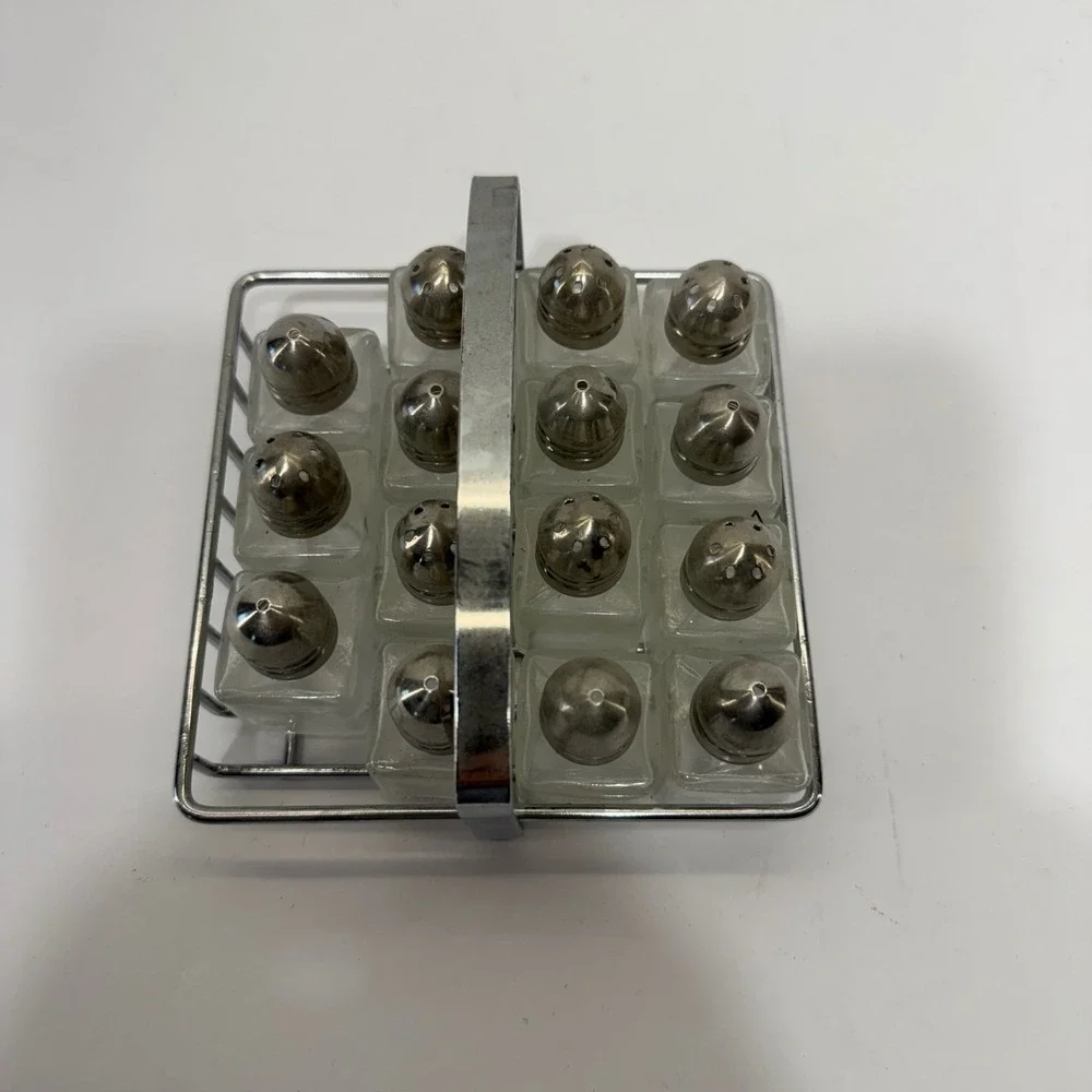 Vintage 15 Piece Glass Salt Pepper Spice Shaker Set with Chrome Caddy Rack